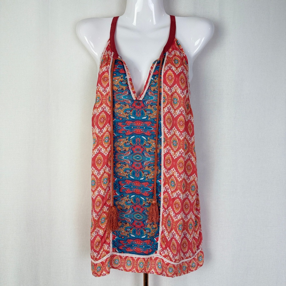 Feathers by Tolani Womens L Boho Paisley Halter Top Tassel V-Neck Orange Blue